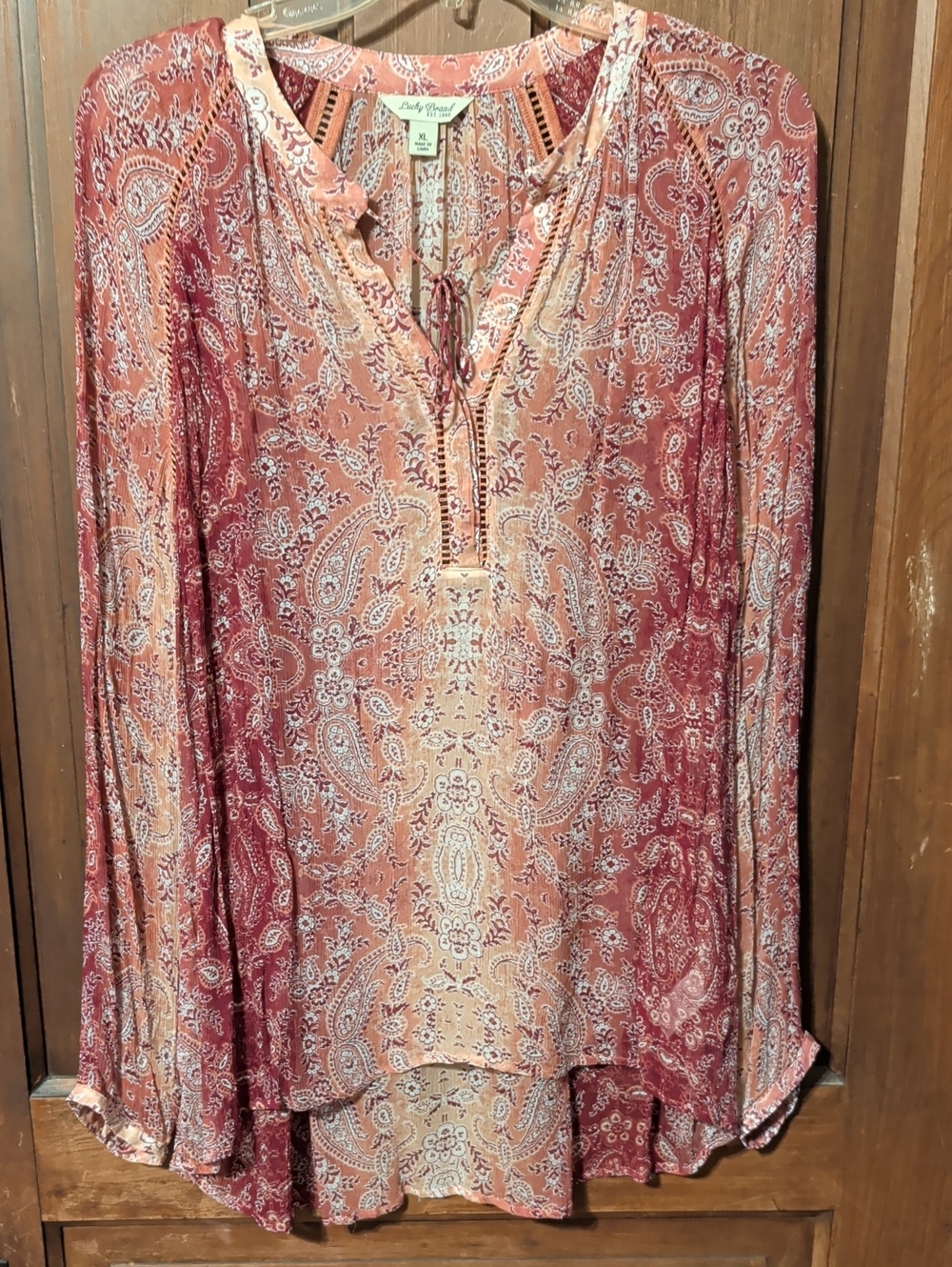 Lucky Brand Paisley Tie-Neck Tunic in Rust and Cream